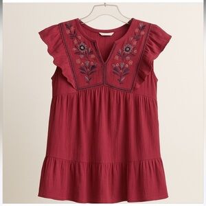 Sonoma XL Embroidered Tiered Flounce Dress Magenta Boho Flutter Sleeve Lined